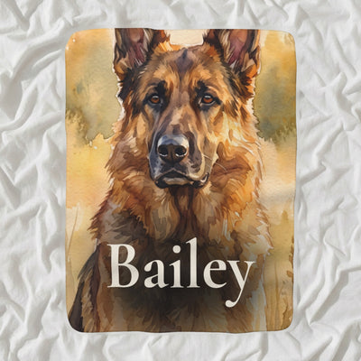 Personalized German Shepherd Blanket with Your Dog's Name, Watercolor-Style Dog Portrait Sherpa Fleece Throw, Dog Lover Gift