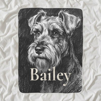 Personalized Miniature Schnauzer Blanket with Your Dog's Name, Charcoal-Style Dog Portrait Sherpa Fleece Throw, Dog Lover Gift