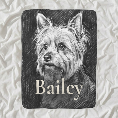 Personalized Yorkshire Terrier Blanket with Your Dog's Name, Charcoal-Style Dog Portrait Sherpa Fleece Throw, Dog Lover Gift