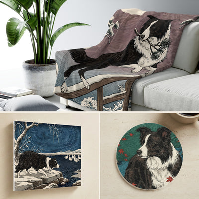 Border Collie Japanese Print Gift Set | Canvas, Sherpa Blanket & Coaster | Tritan