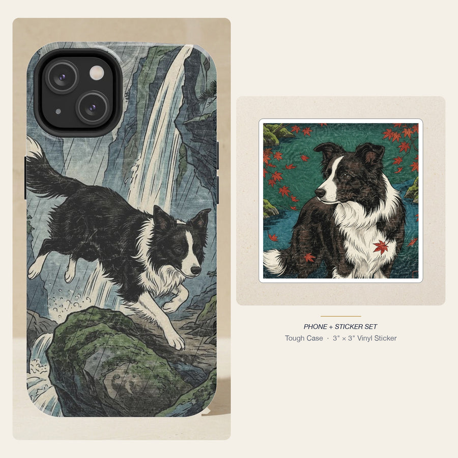 Border Collie Japanese Print phone and sticker gift set: dual-layer iPhone 15 Pro tough case and 3x3 vinyl sticker
