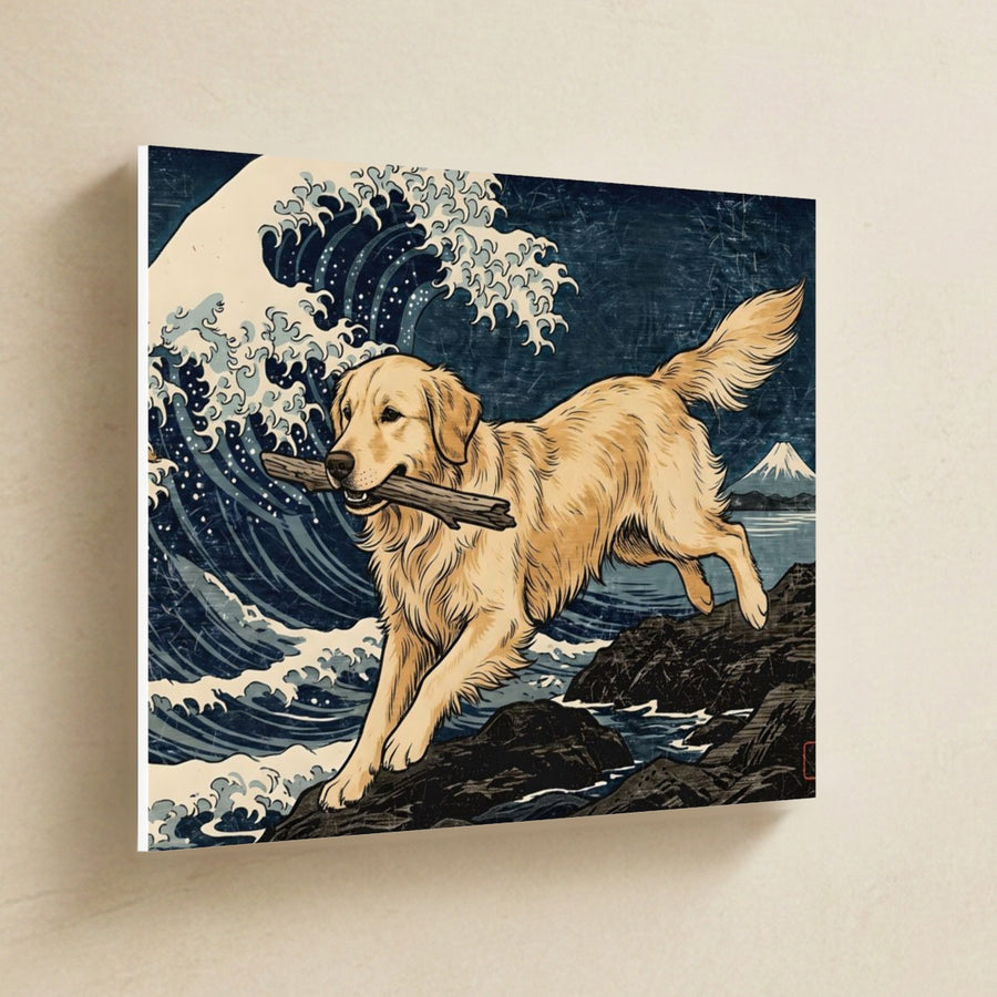 Golden Retriever Canvas Wall Art, Japanese Print Dog Art, Golden Retriever Lover Gift, Stretched Canvas hanging on a warm limestone gallery wall, landscape canvas shown at a slight angle so the white wrapped side edge is visible