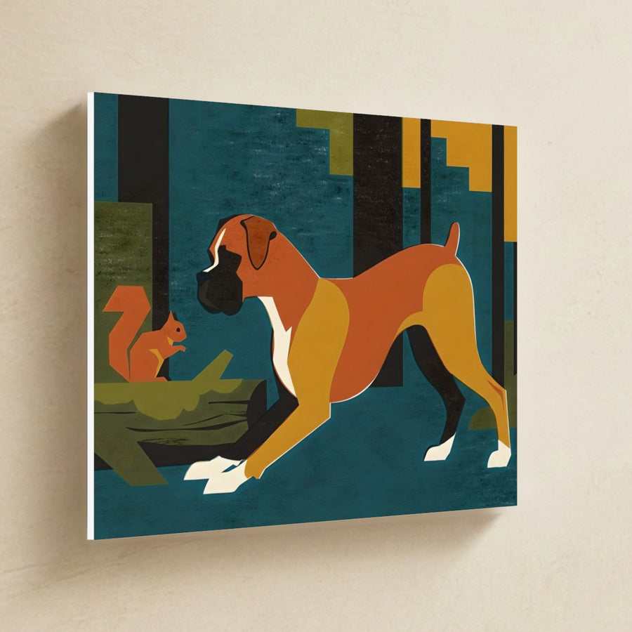 Boxer Canvas Wall Art, Retro Autumn Dog Art, Boxer Lover Gift, Stretched Canvas hanging on a warm limestone gallery wall, landscape canvas shown at a slight angle so the white wrapped side edge is visible