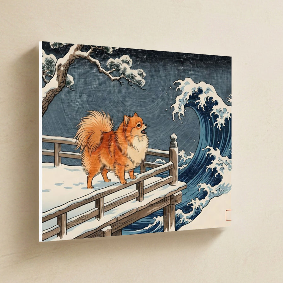 Pomeranian Canvas Wall Art, Colorful Dog Art, Pomeranian Lover Gift, Stretched Canvas hanging on a warm limestone gallery wall, landscape canvas shown at a slight angle so the white wrapped side edge is visible