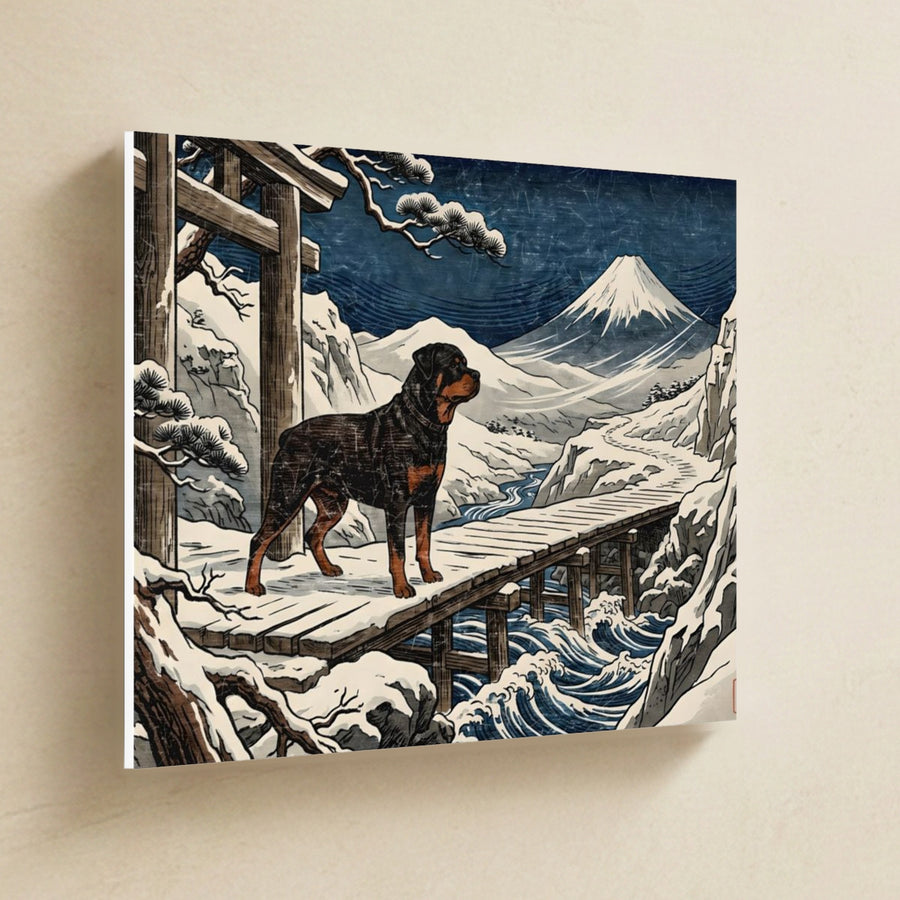 Rottweiler Canvas Wall Art, Colorful Dog Art, Rottweiler Lover Gift, Stretched Canvas hanging on a warm limestone gallery wall, landscape canvas shown at a slight angle so the white wrapped side edge is visible
