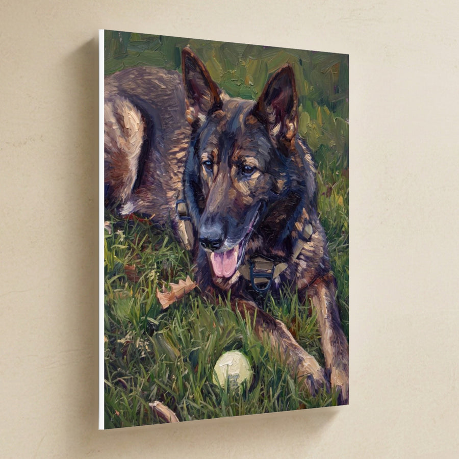 Keira — Custom Dog Portrait Canvas hanging on a warm limestone gallery wall, portrait canvas shown at a slight angle so the white wrapped side edge is visible