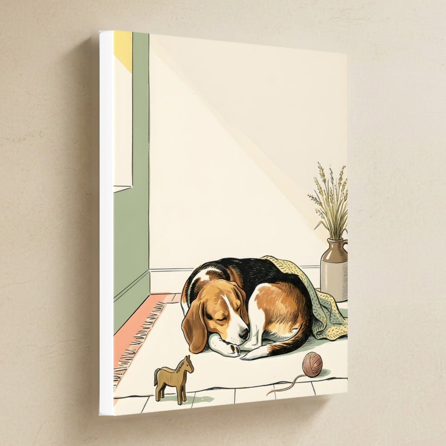 Beagle Nursery Storybook Canvas Wall Art, Storybook Dog Art, Beagle Lover Gift, Stretched Canvas hanging on a warm limestone gallery wall, portrait canvas shown at a slight angle so the white wrapped side edge is visible