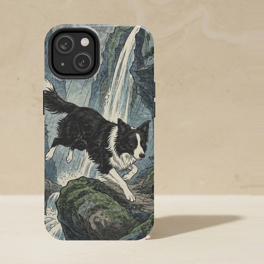 Border Collie Phone Case, Japanese Print Dog Art, Border Collie Lover Gift, Tough Case for iPhone and Samsung shown upright on a warm limestone shelf, front view