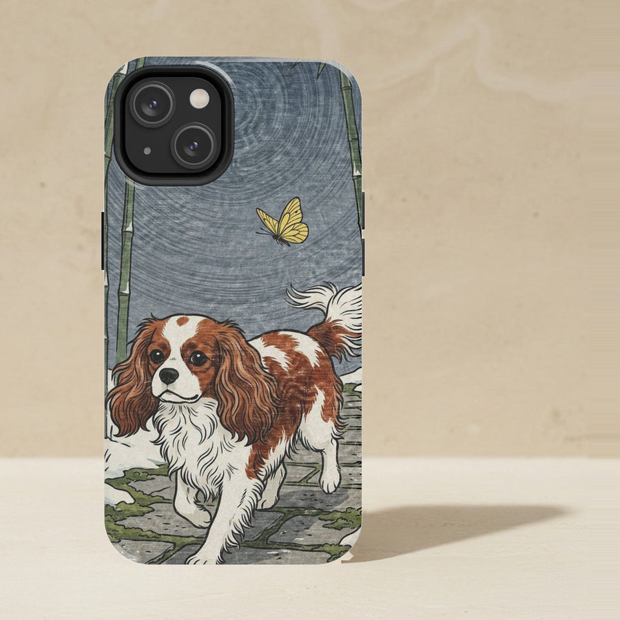 Cavalier King Charles Spaniel Phone Case, Japanese Print Dog Art, Cavalier King Charles Spaniel Lover Gift, Tough Case for iPhone and Samsung shown upright on a warm limestone shelf, front view