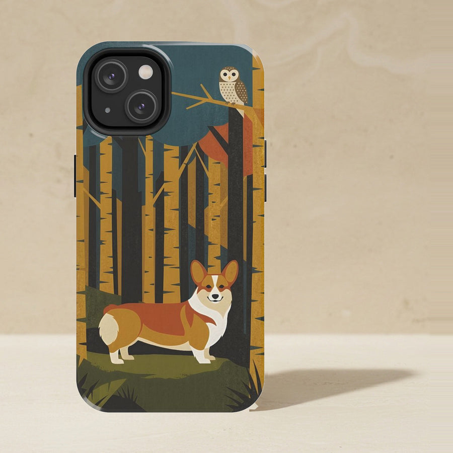 Pembroke Welsh Corgi Phone Case, Retro Autumn Dog Art, Pembroke Welsh Corgi Lover Gift, Tough Case for iPhone and Samsung shown upright on a warm limestone shelf, front view