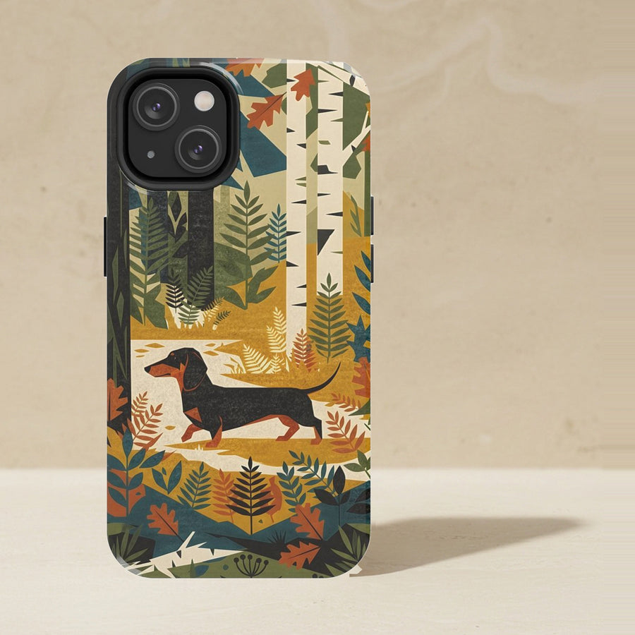 Dachshund Phone Case, Retro Autumn Dog Art, Dachshund Lover Gift, Tough Case for iPhone and Samsung shown upright on a warm limestone shelf, front view
