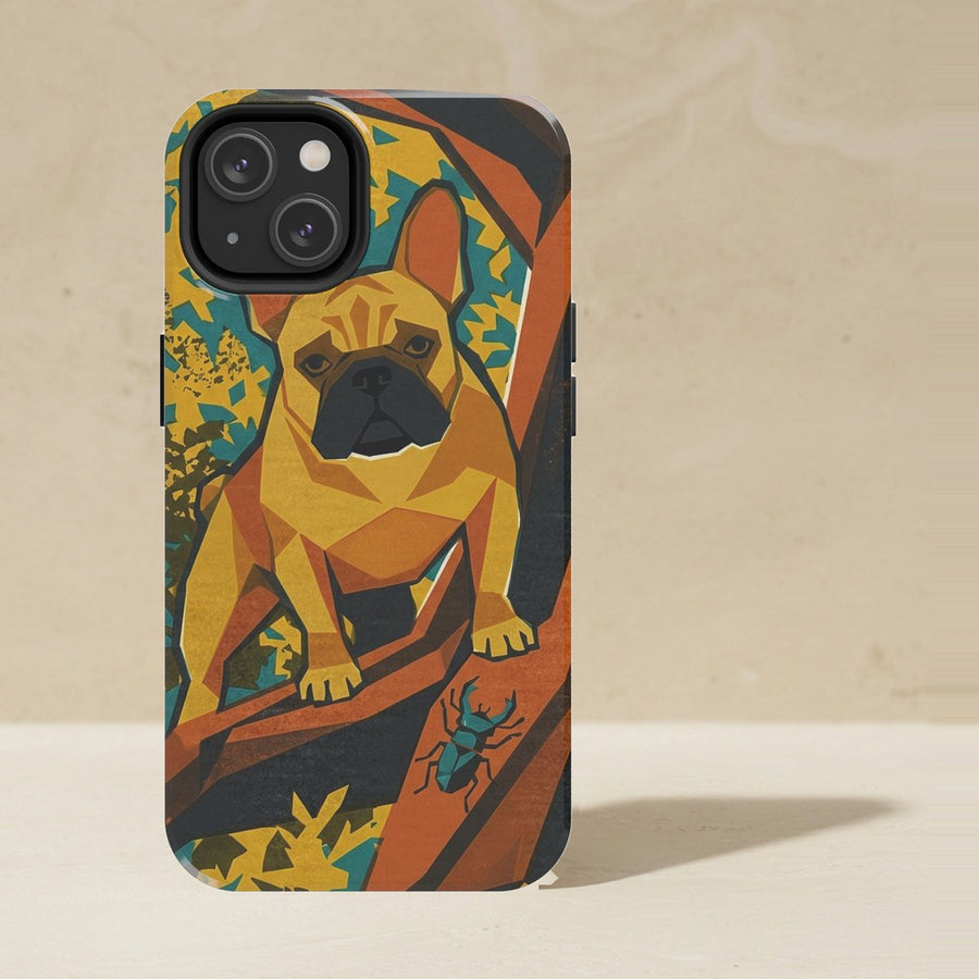 French Bulldog Phone Case, Retro Autumn Dog Art, French Bulldog Lover Gift, Tough Case for iPhone and Samsung shown upright on a warm limestone shelf, front view