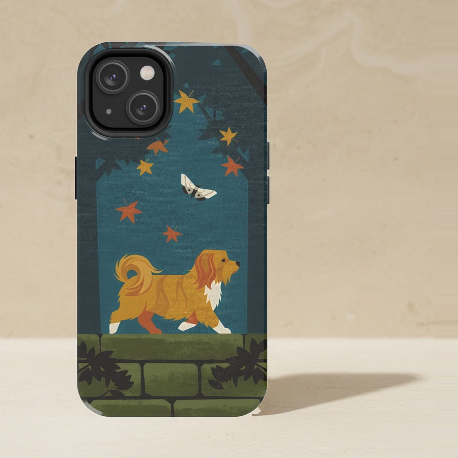 Havanese Phone Case, Retro Autumn Dog Art, Havanese Lover Gift, Tough Case for iPhone and Samsung shown upright on a warm limestone shelf, front view