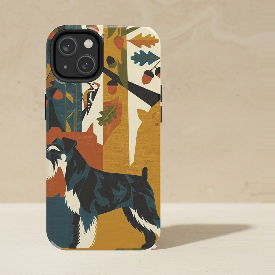 Miniature Schnauzer Phone Case, Retro Autumn Dog Art, Miniature Schnauzer Lover Gift, Tough Case for iPhone and Samsung shown upright on a warm limestone shelf, front view