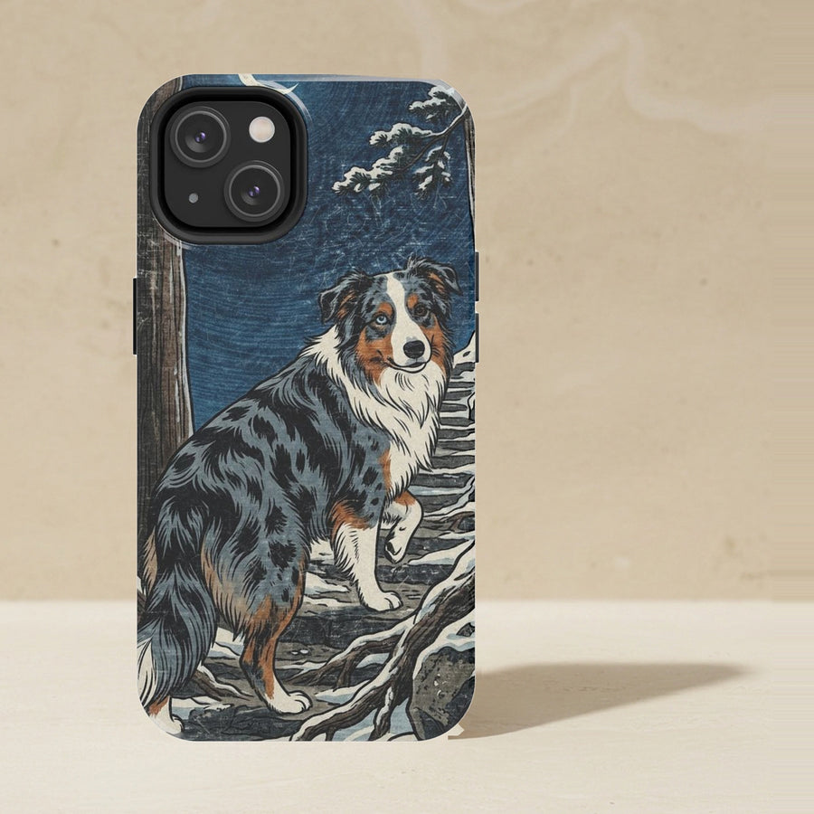 Australian Shepherd Phone Case, Japanese Print Dog Art, Australian Shepherd Lover Gift, Tough Case for iPhone and Samsung shown upright on a warm limestone shelf, front view