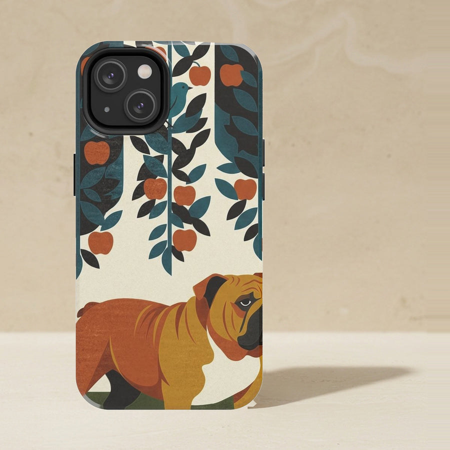 English Bulldog Phone Case, Retro Autumn Dog Art, English Bulldog Lover Gift, Tough Case for iPhone and Samsung shown upright on a warm limestone shelf, front view