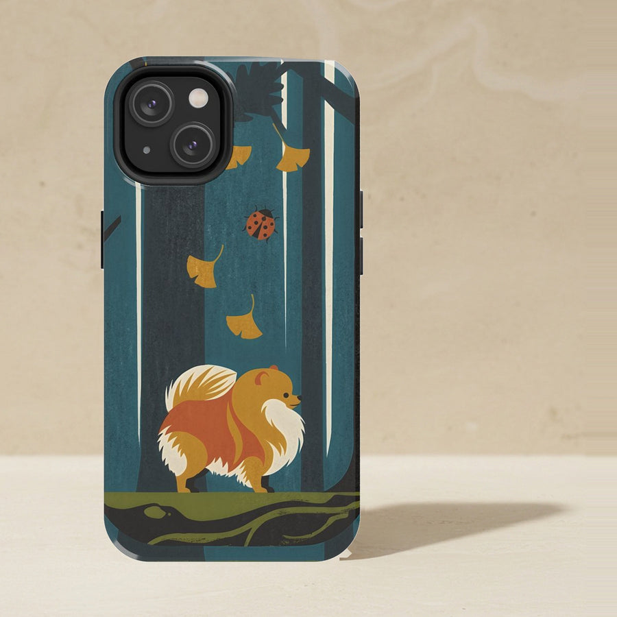Pomeranian Phone Case, Retro Autumn Dog Art, Pomeranian Lover Gift, Tough Case for iPhone and Samsung shown upright on a warm limestone shelf, front view