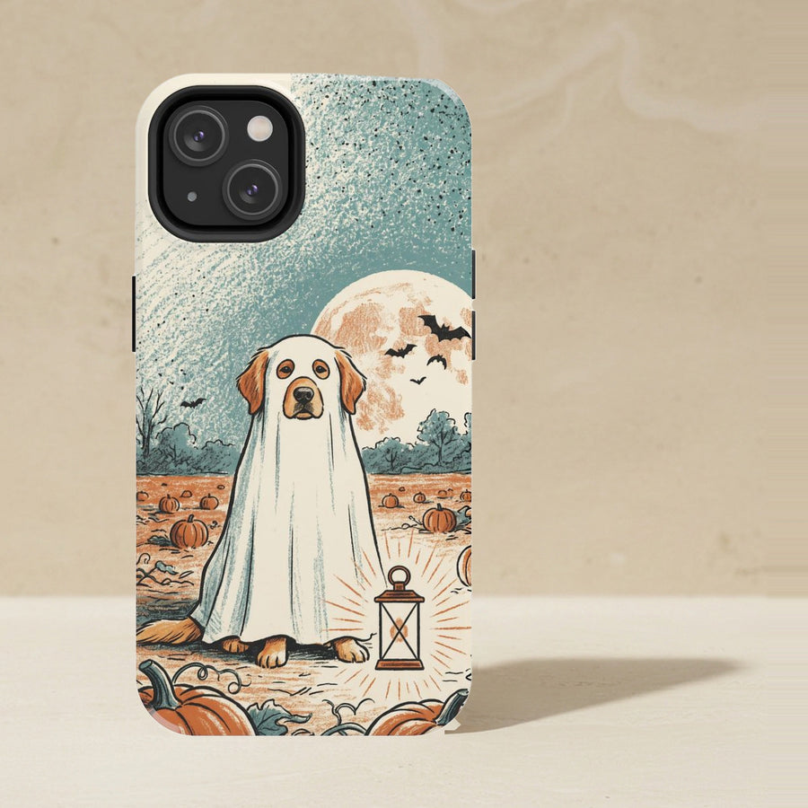 Golden Retriever Halloween Phone Case, Spooky Season Dog Art, Golden Retriever Lover Gift, Tough Case for iPhone and Samsung shown upright on a warm limestone shelf, front view