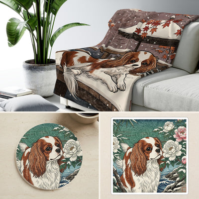 Cavalier King Charles Spaniel Japanese Print Cozy Gift Set | Sherpa Blanket, Coaster & Sticker | Tritan