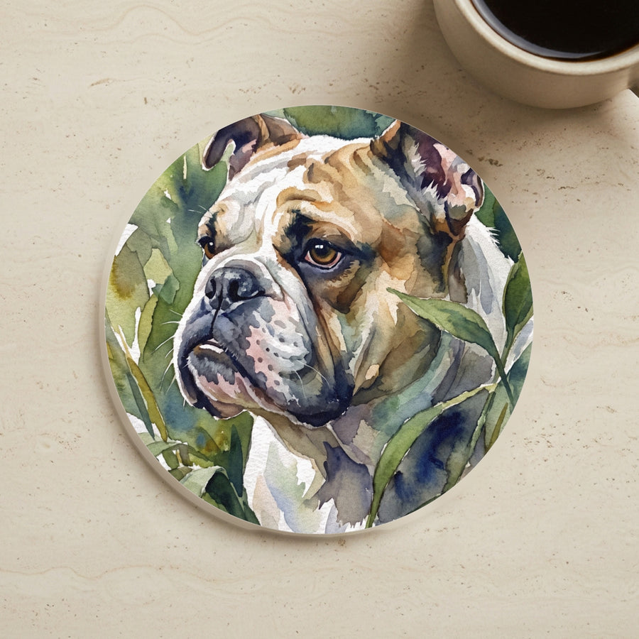 English Bulldog Watercolor Garden Peek Cork Back Coaster cork coaster shown on a warm limestone surface beside a mug