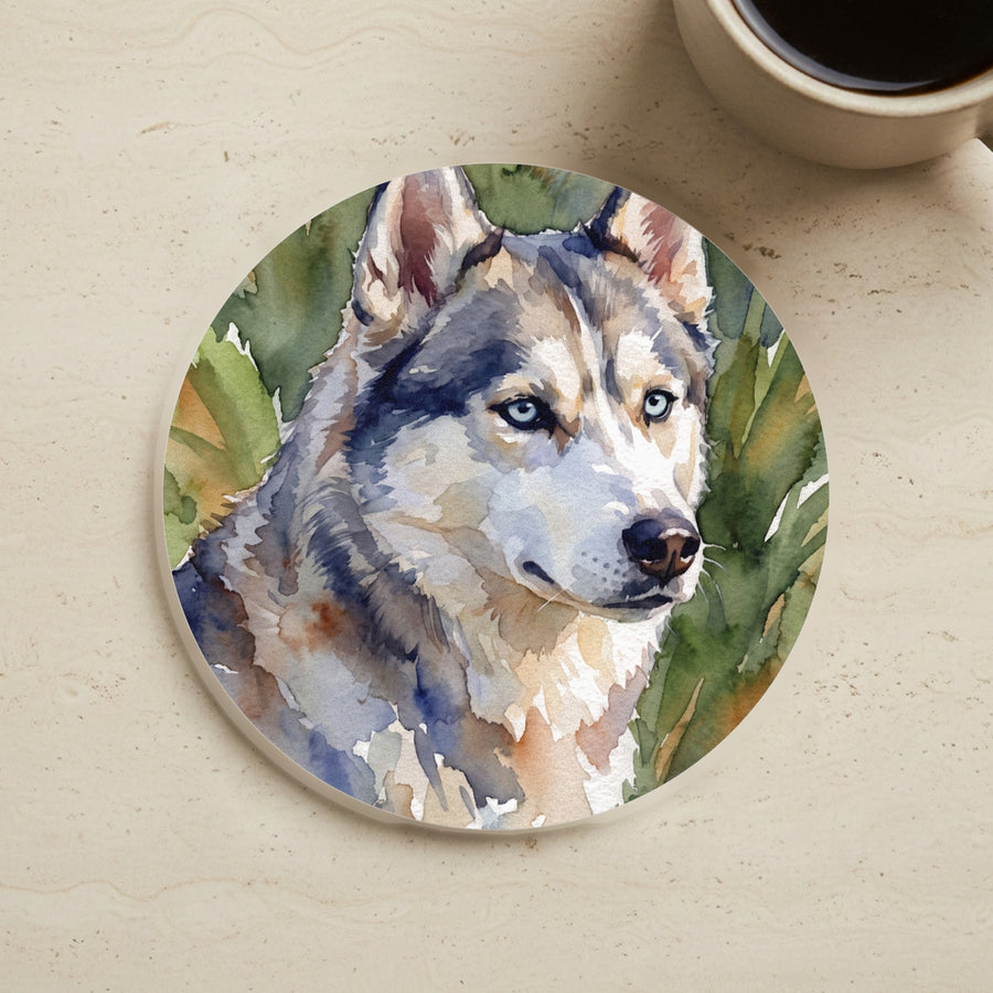 Siberian Husky Watercolor Garden Peek Cork Back Coaster cork coaster shown on a warm limestone surface beside a mug