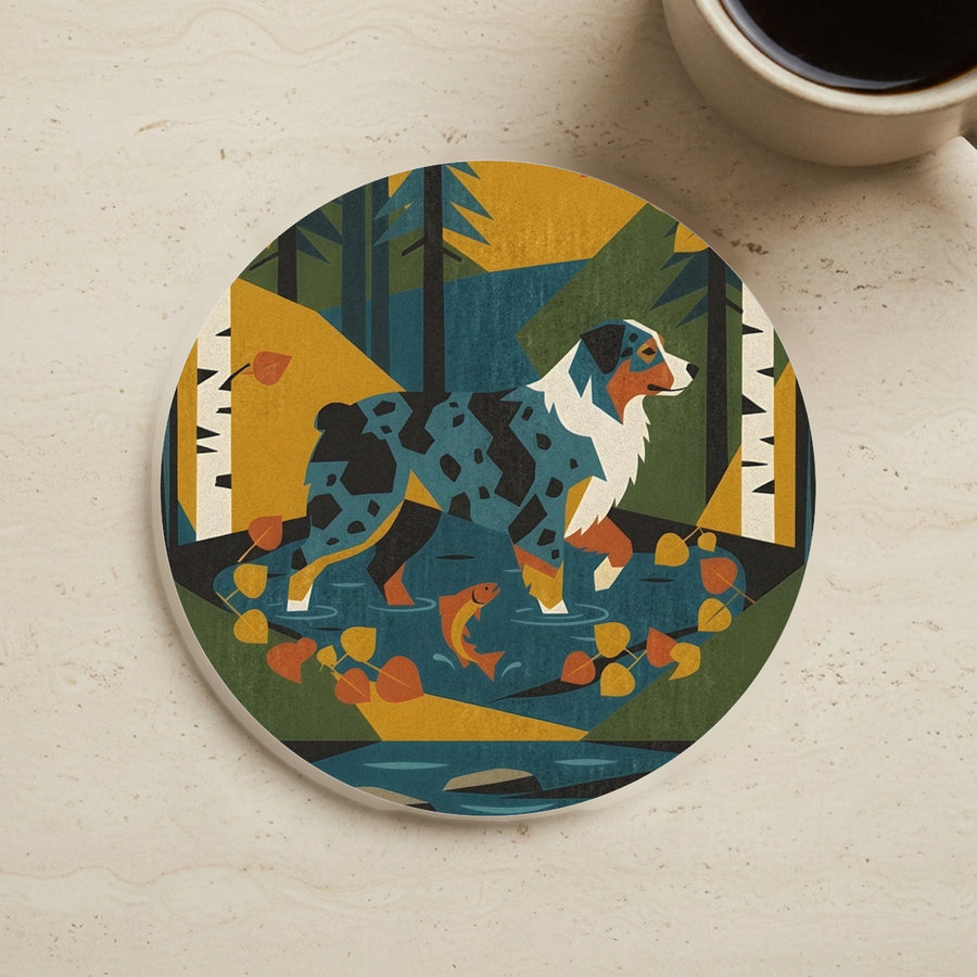 Australian Shepherd Drink Coaster, Retro Autumn Dog Art, Australian Shepherd Lover Gift cork coaster shown on a warm limestone surface beside a mug