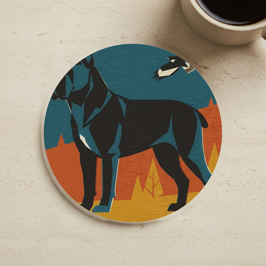 Cane Corso Drink Coaster, Retro Autumn Dog Art, Cane Corso Lover Gift cork coaster shown on a warm limestone surface beside a mug