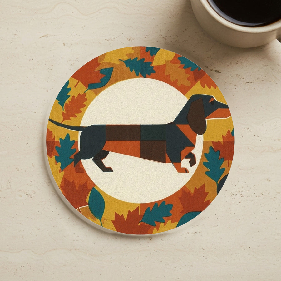 Dachshund Drink Coaster, Retro Autumn Dog Art, Dachshund Lover Gift cork coaster shown on a warm limestone surface beside a mug