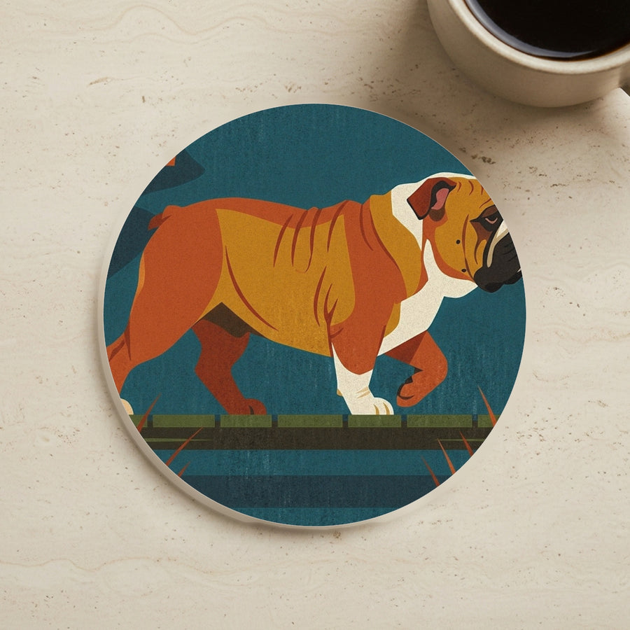English Bulldog Drink Coaster, Retro Autumn Dog Art, English Bulldog Lover Gift cork coaster shown on a warm limestone surface beside a mug