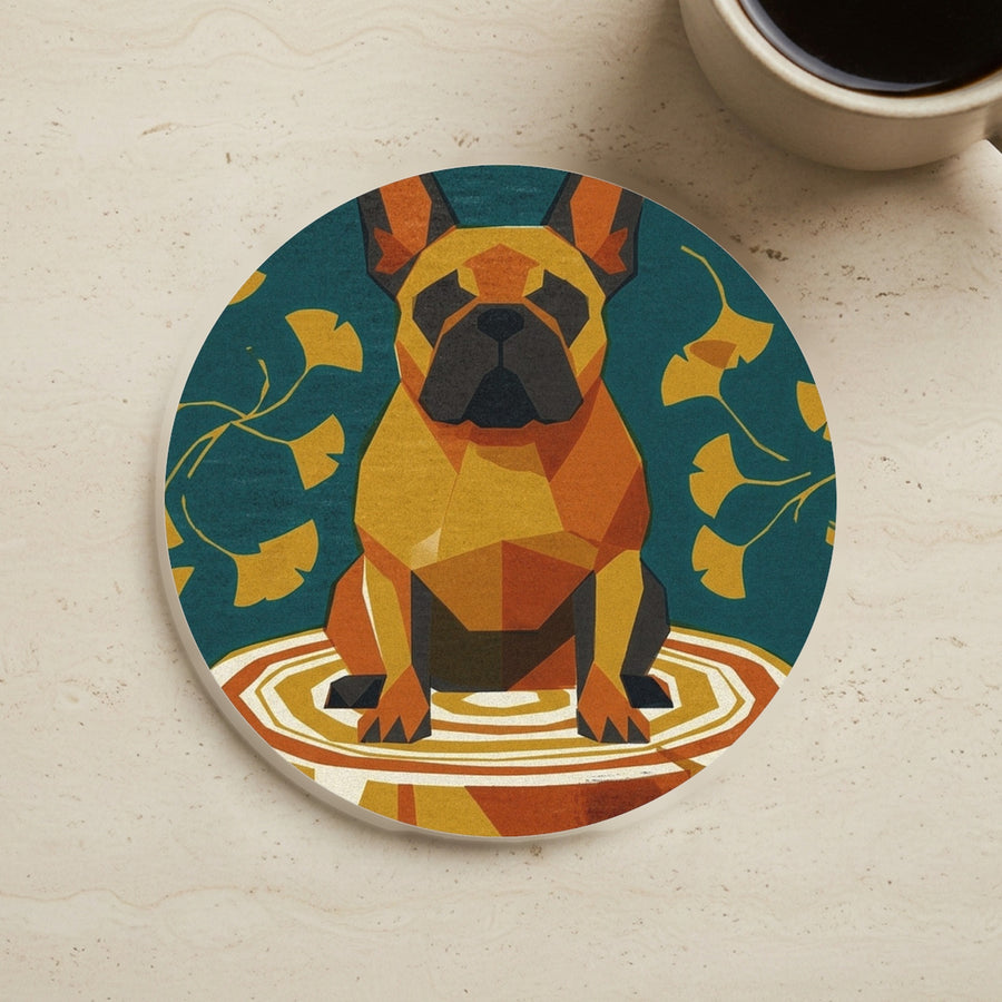 French Bulldog Drink Coaster, Retro Autumn Dog Art, French Bulldog Lover Gift cork coaster shown on a warm limestone surface beside a mug