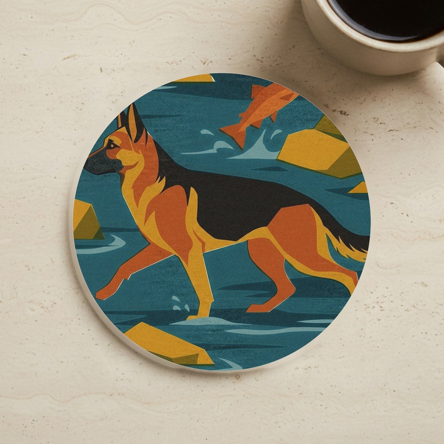German Shepherd Drink Coaster, Retro Autumn Dog Art, German Shepherd Lover Gift cork coaster shown on a warm limestone surface beside a mug