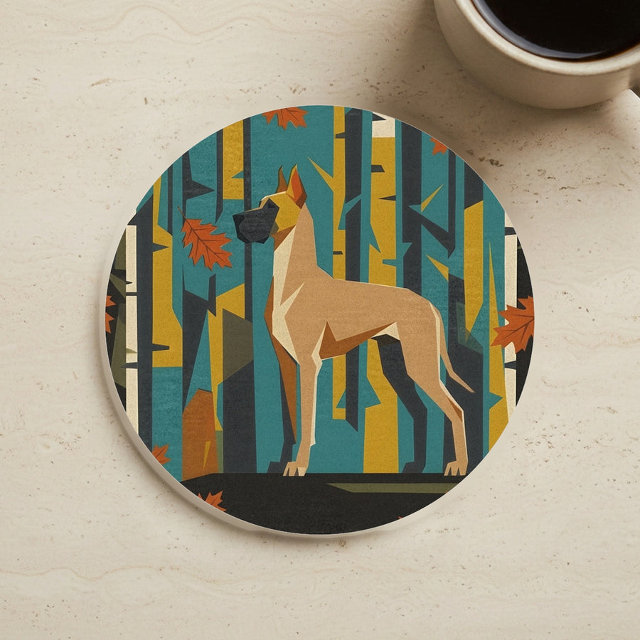 Great Dane Drink Coaster, Retro Autumn Dog Art, Great Dane Lover Gift cork coaster shown on a warm limestone surface beside a mug