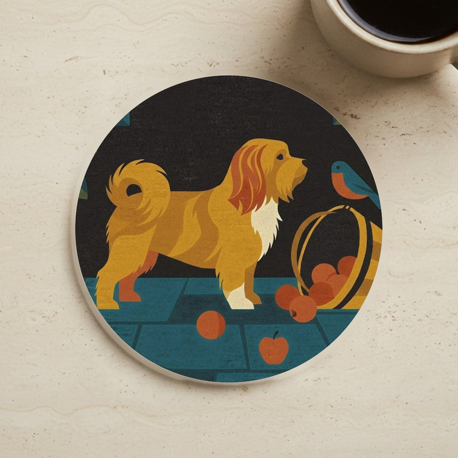 Havanese Drink Coaster, Retro Autumn Dog Art, Havanese Lover Gift cork coaster shown on a warm limestone surface beside a mug