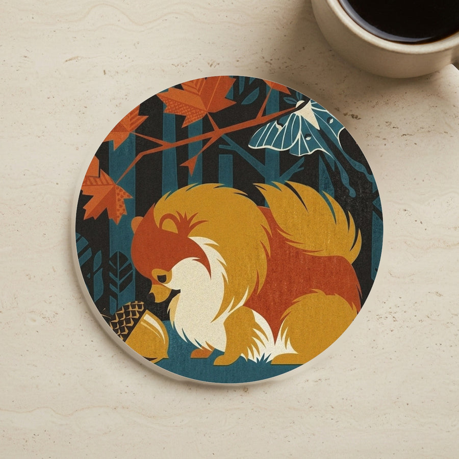 Pomeranian Drink Coaster, Retro Autumn Dog Art, Pomeranian Lover Gift cork coaster shown on a warm limestone surface beside a mug