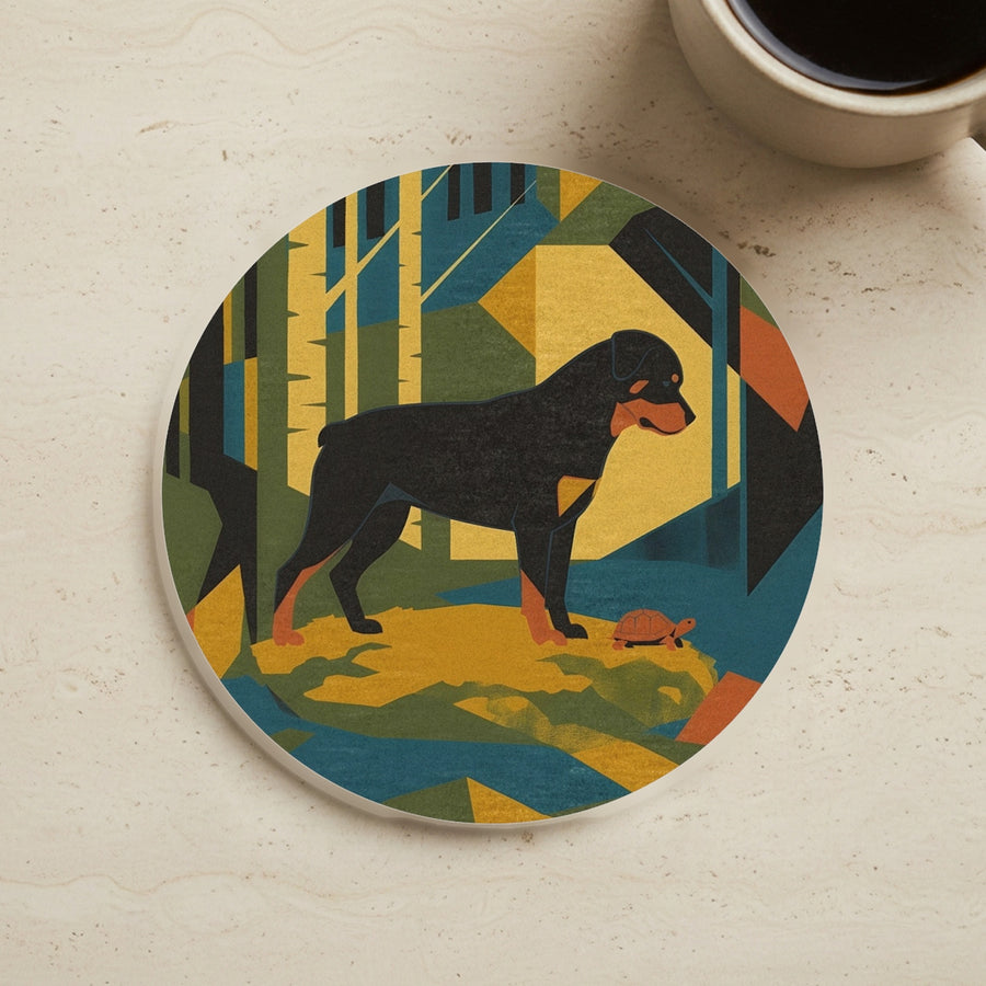 Rottweiler Drink Coaster, Retro Autumn Dog Art, Rottweiler Lover Gift cork coaster shown on a warm limestone surface beside a mug