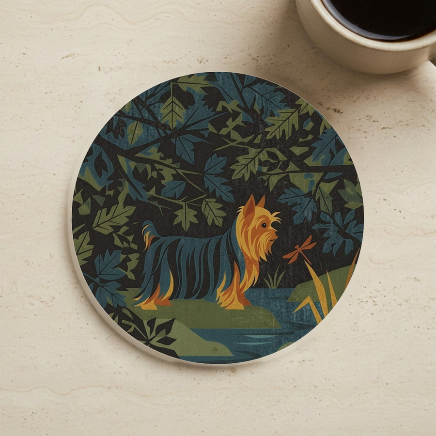 Yorkshire Terrier Drink Coaster, Retro Autumn Dog Art, Yorkshire Terrier Lover Gift cork coaster shown on a warm limestone surface beside a mug