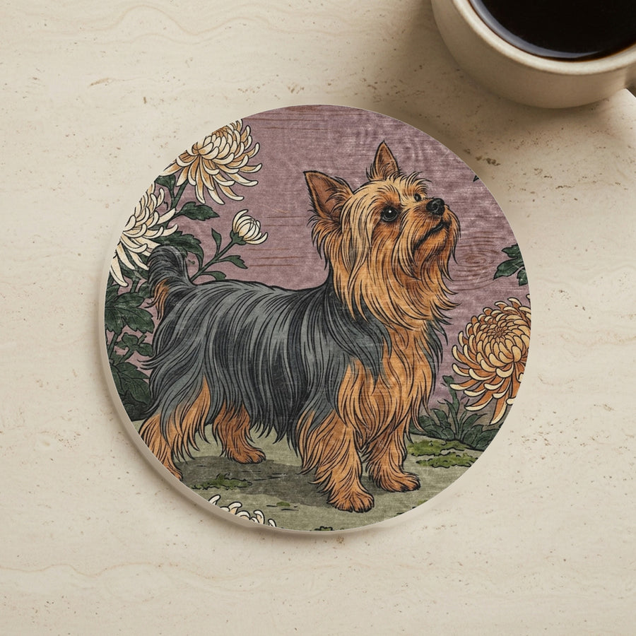 Yorkshire Terrier Drink Coaster, Japanese Print Dog Art, Yorkshire Terrier Lover Gift cork coaster shown on a warm limestone surface beside a mug