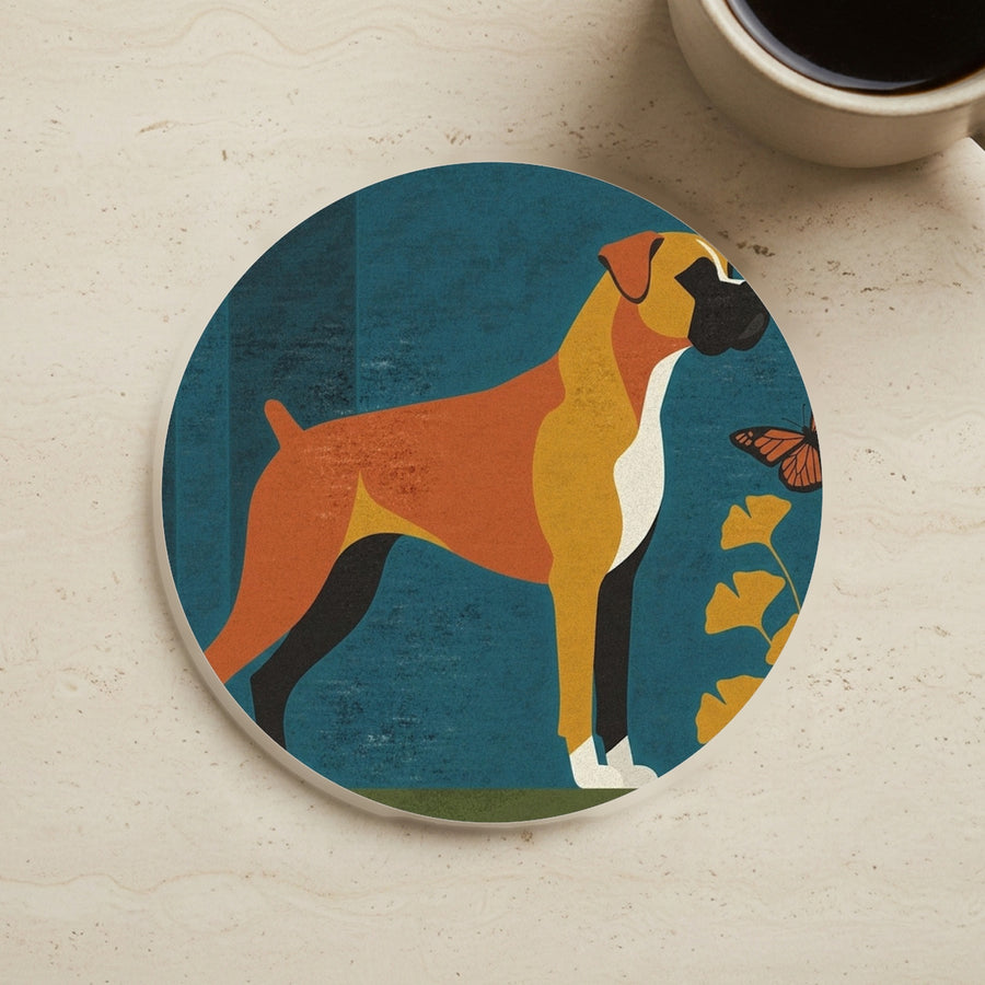Boxer Drink Coaster, Retro Autumn Dog Art, Boxer Lover Gift cork coaster shown on a warm limestone surface beside a mug