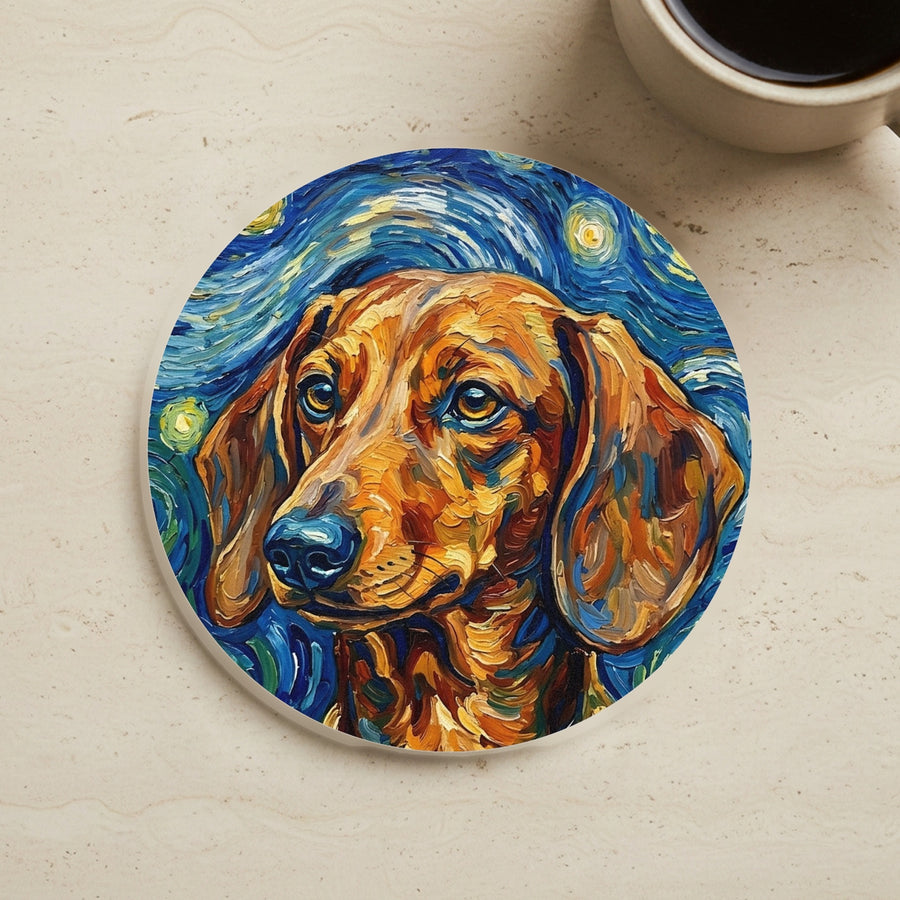 Dachshund Soccer Player Coaster cork coaster shown on a warm limestone surface beside a mug