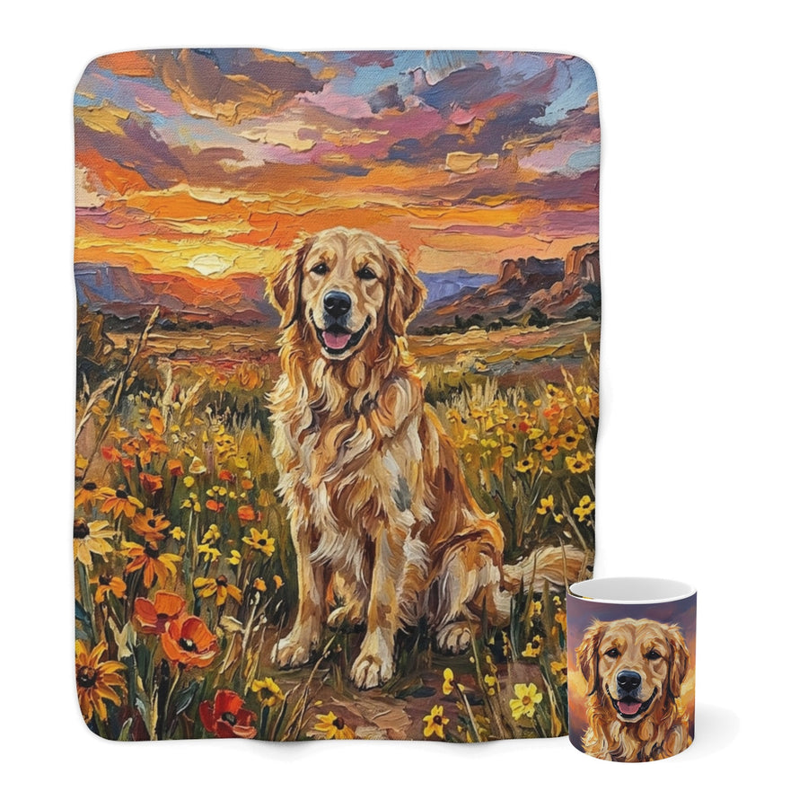 Golden Retriever Cozy Set — 2-Piece Blanket + Mug Gift Set | Sunset Prairie | Tritan