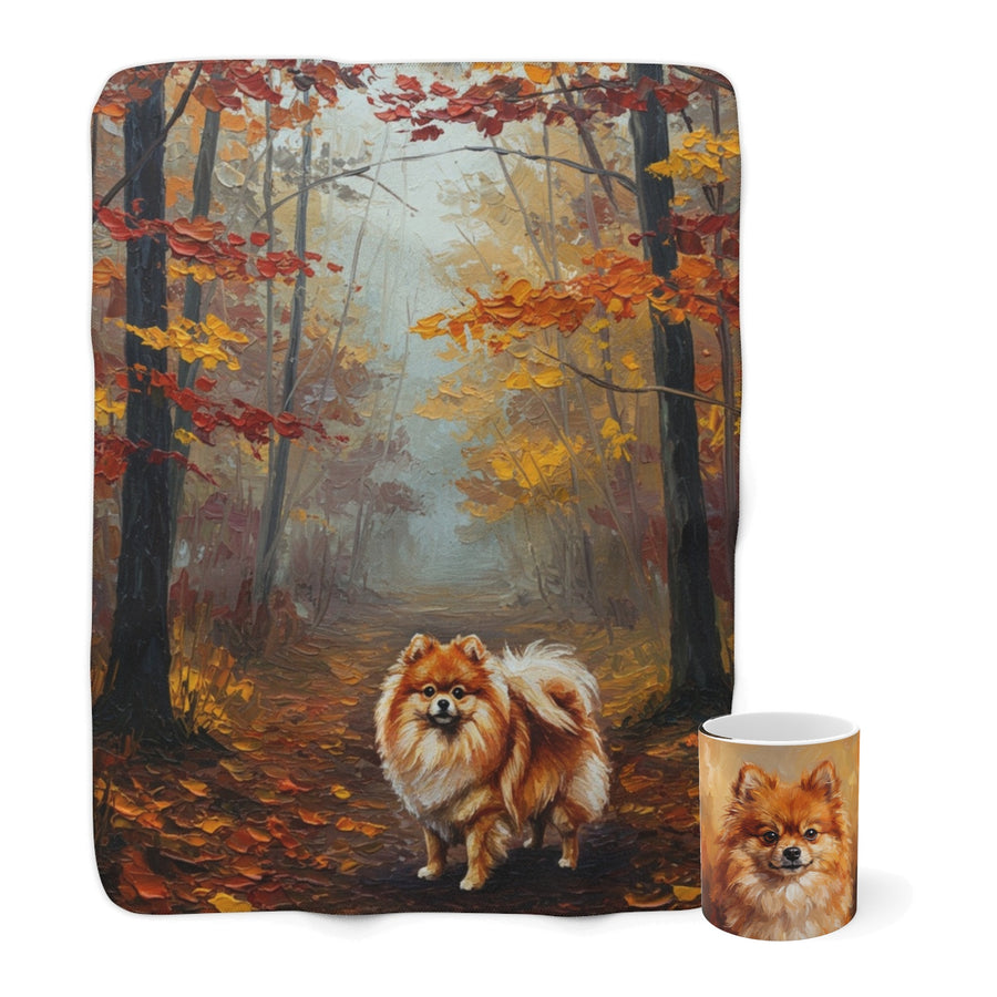 Pomeranian Cozy Set — 2-Piece Blanket + Mug Gift Set | Autumn Woods | Tritan