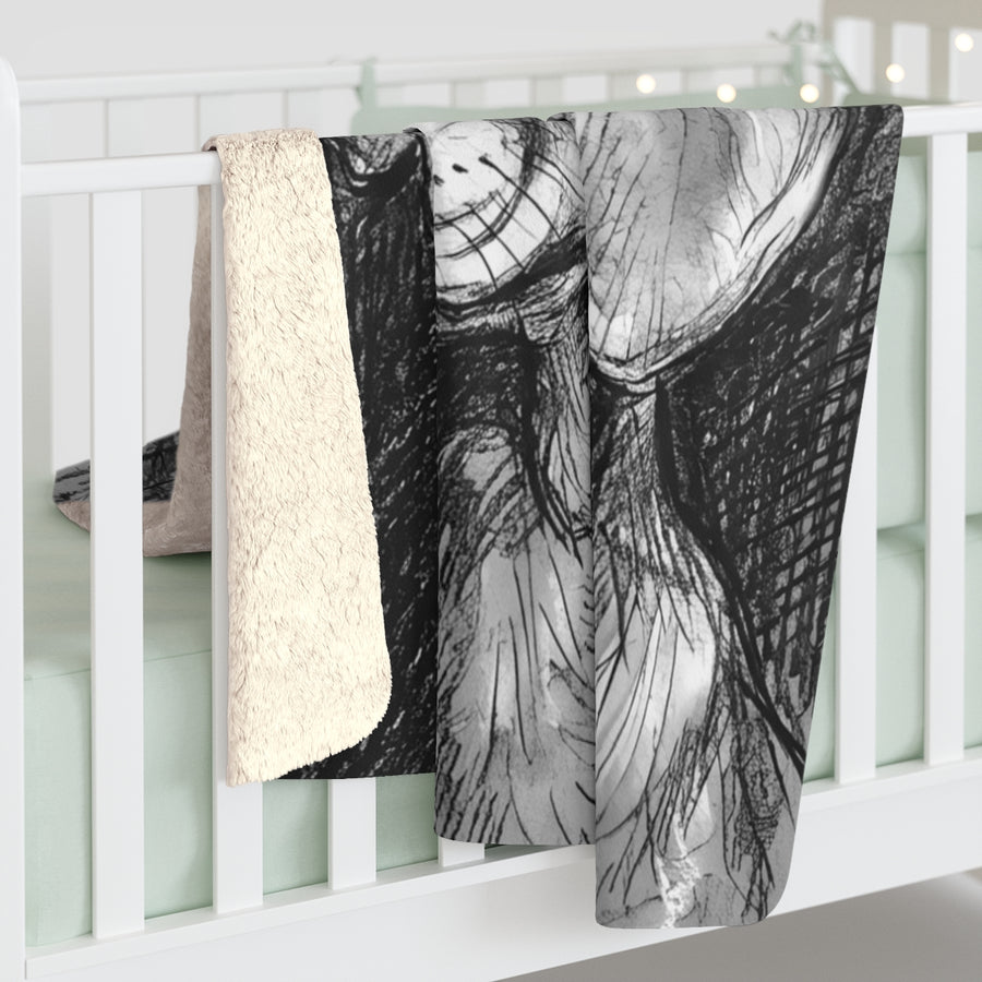 Dachshund Charcoal sherpa blanket by Tritan, on bed