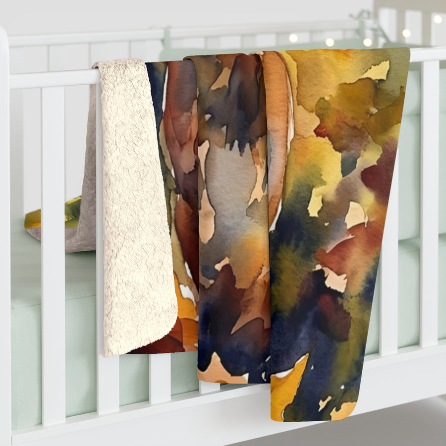 Dachshund Watercolor sherpa blanket by Tritan, on bed