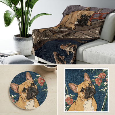 French Bulldog Japanese Print Cozy Gift Set | Sherpa Blanket, Coaster & Sticker | Tritan