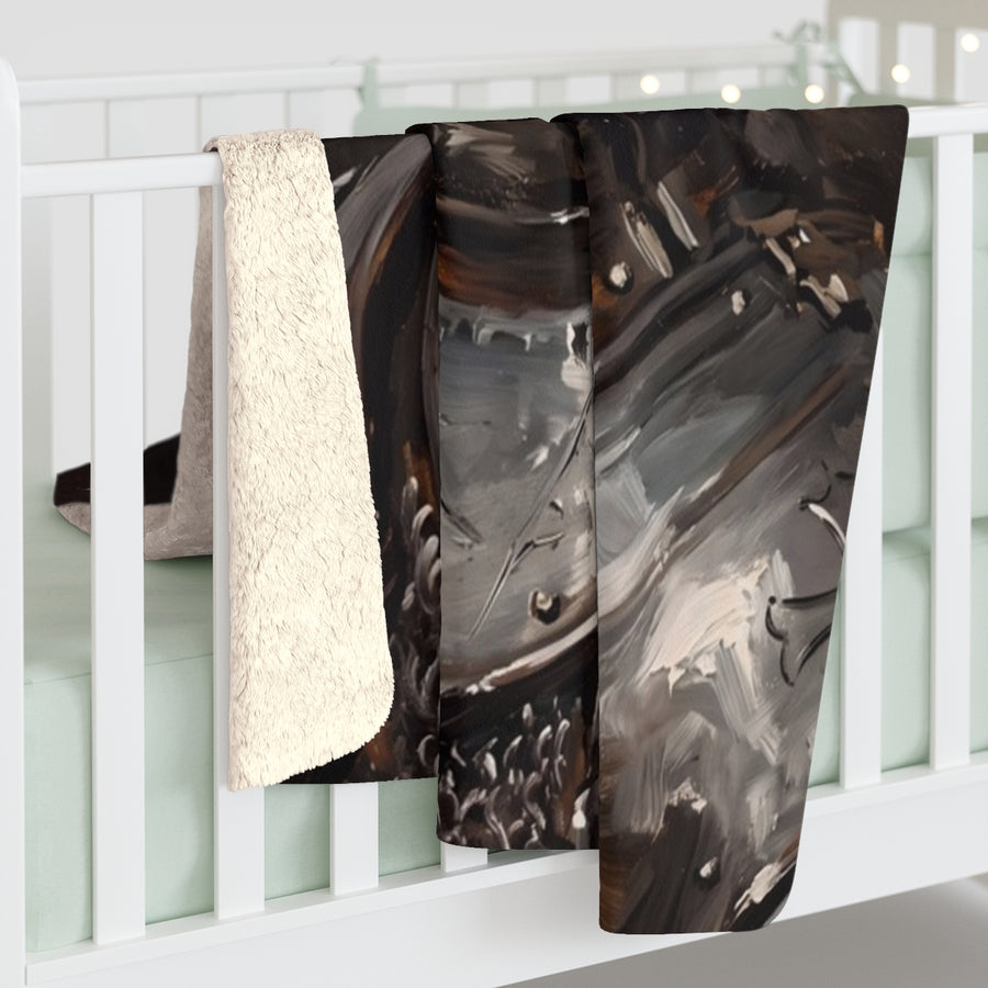 French Bulldog Medieval Knight sherpa blanket by Tritan, on bed
