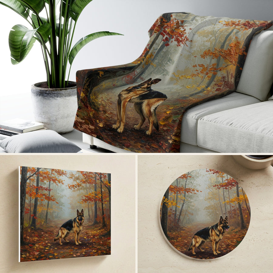 German Shepherd Autumn Woods gift set: canvas, sherpa blanket and coaster in one painting