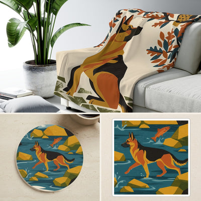 German Shepherd Retro Autumn Cozy Gift Set | Sherpa Blanket, Coaster & Sticker | Tritan