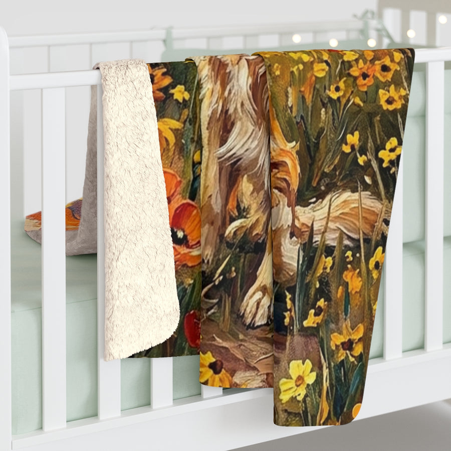 Golden Retriever Acrylic sherpa blanket by Tritan, on bed