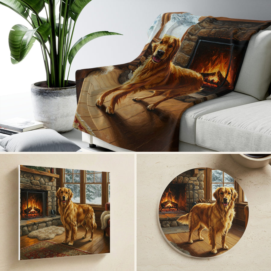 Golden Retriever By the Fire gift set: canvas, sherpa blanket and coaster in one painting