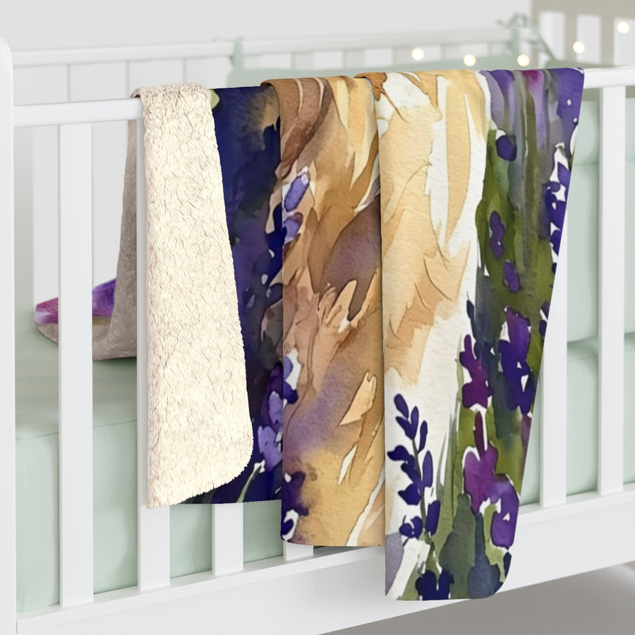 Golden Retriever Watercolor sherpa blanket by Tritan, on bed